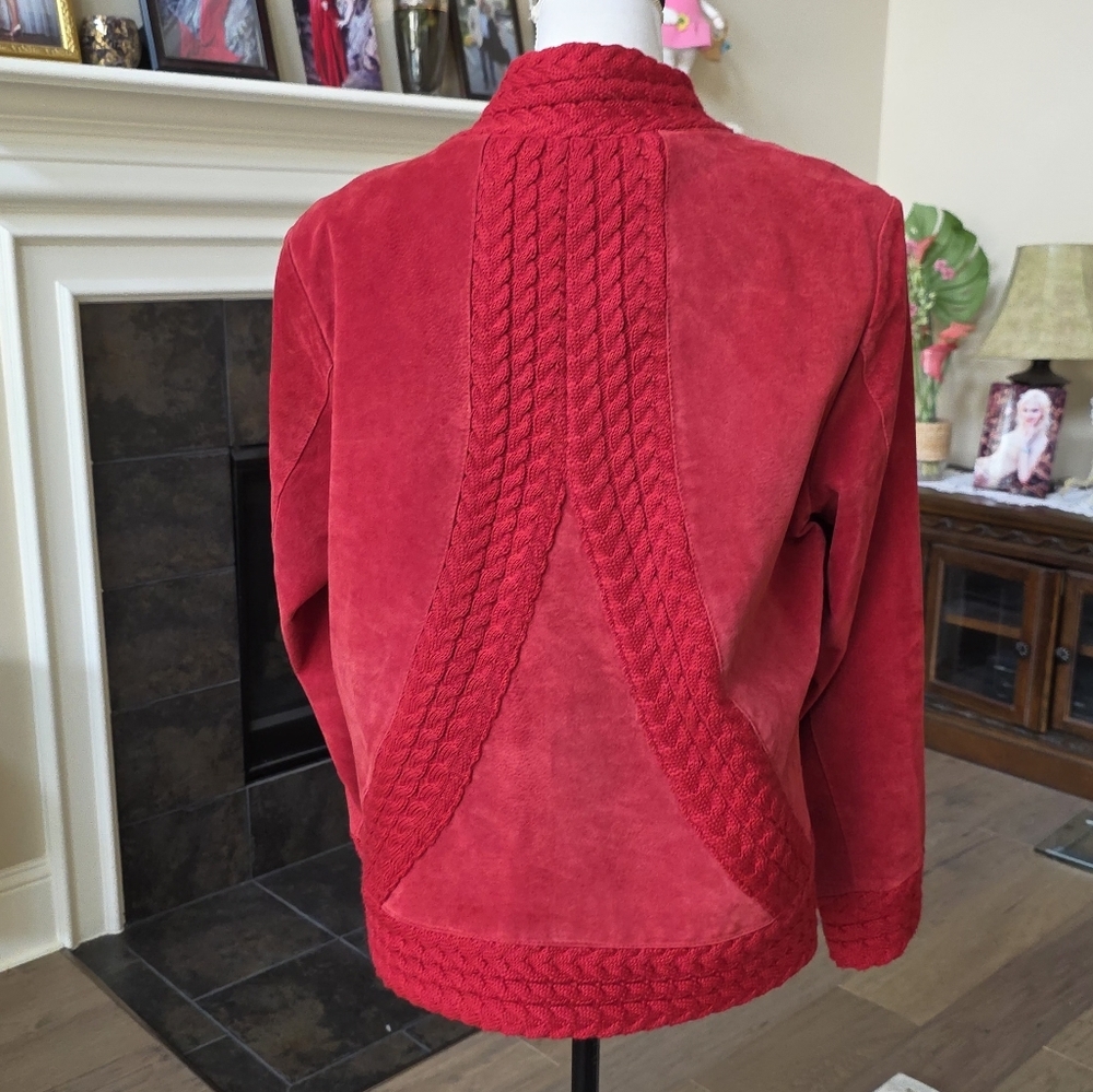 Coldwater Creek Red Suede Leather Cable Knit Jacket Size Large L - Picture 6 of 16